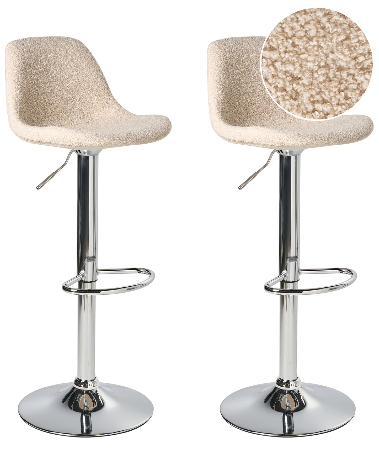 Set Of 2 Modern Light Beige Boucle Bar Stools With Silver Chrome Legs Swivel And Adjustable Height