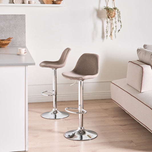 Taupe Fabric Bar Stools With Silver Legs Swivel