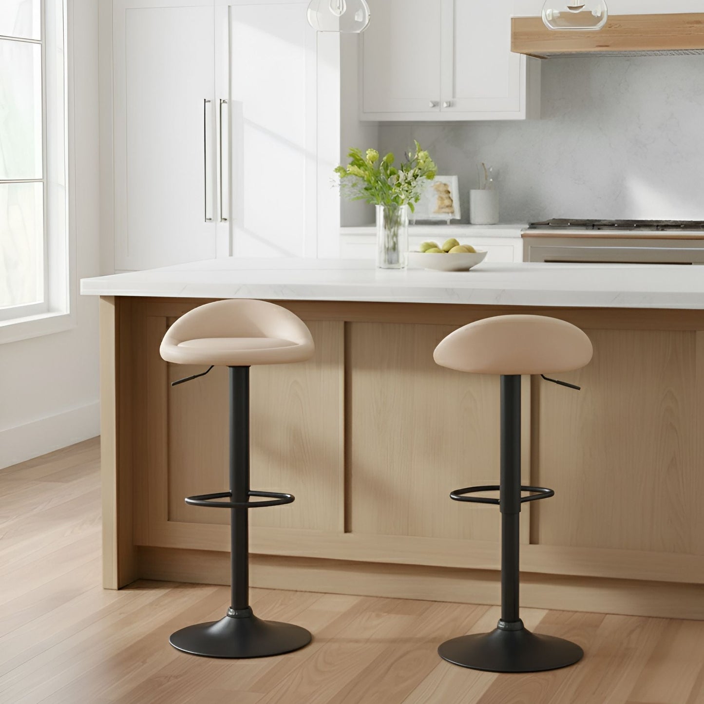 Bar Chairs Set of 2 Light Beige Eco Leather Swivel Adjustable
