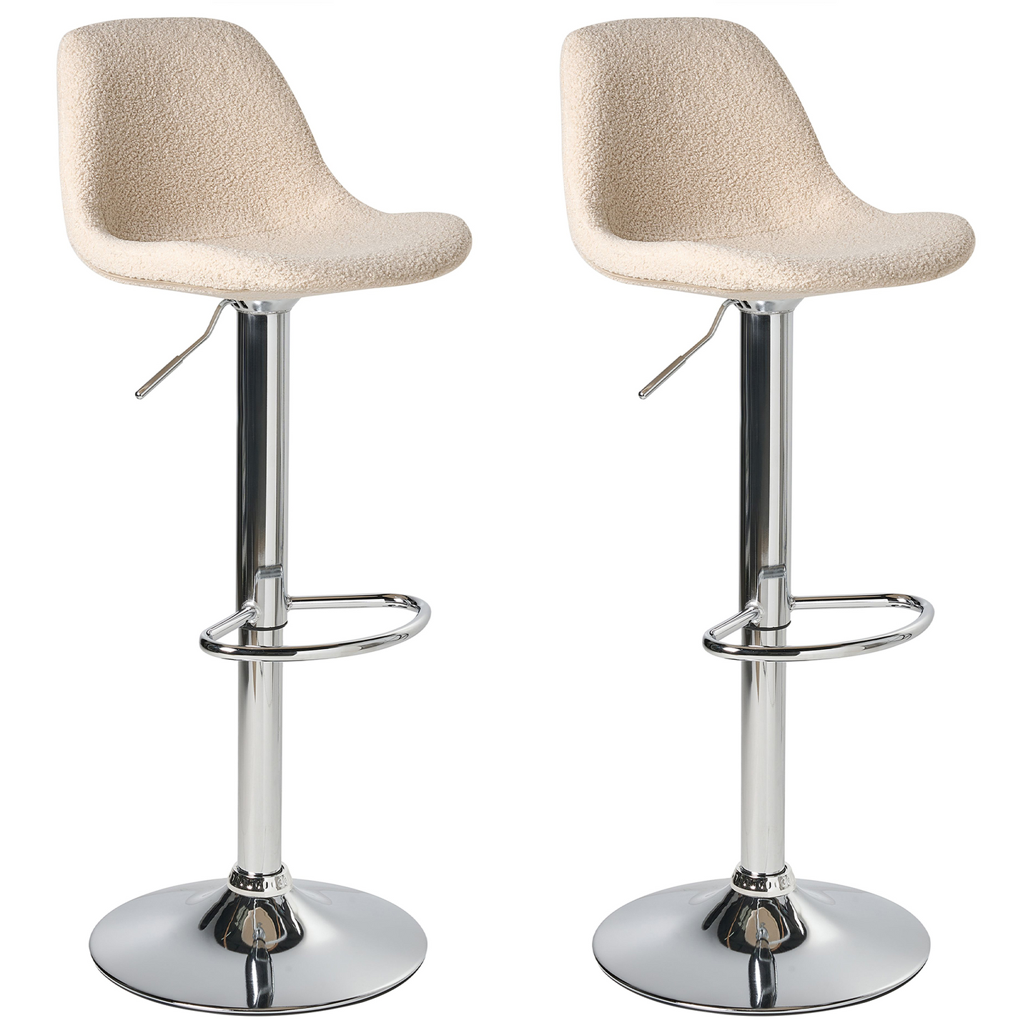Set Of 2 Modern Light Beige Boucle Bar Stools With Silver Chrome Legs Swivel And Adjustable Height