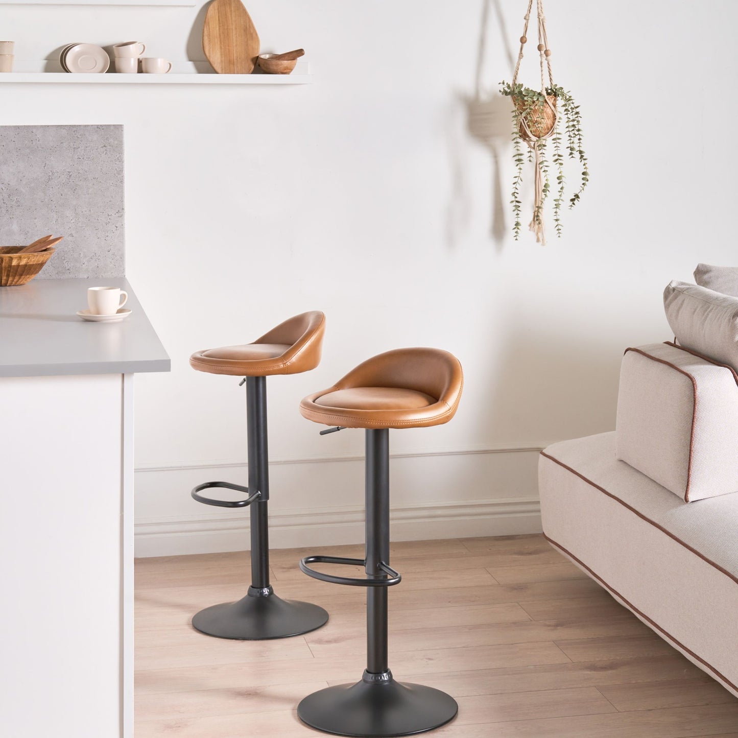 Golden Brown Faux Leather Bar Chairs Set Of 2 Swivel Adjustable Height Modern Black Base