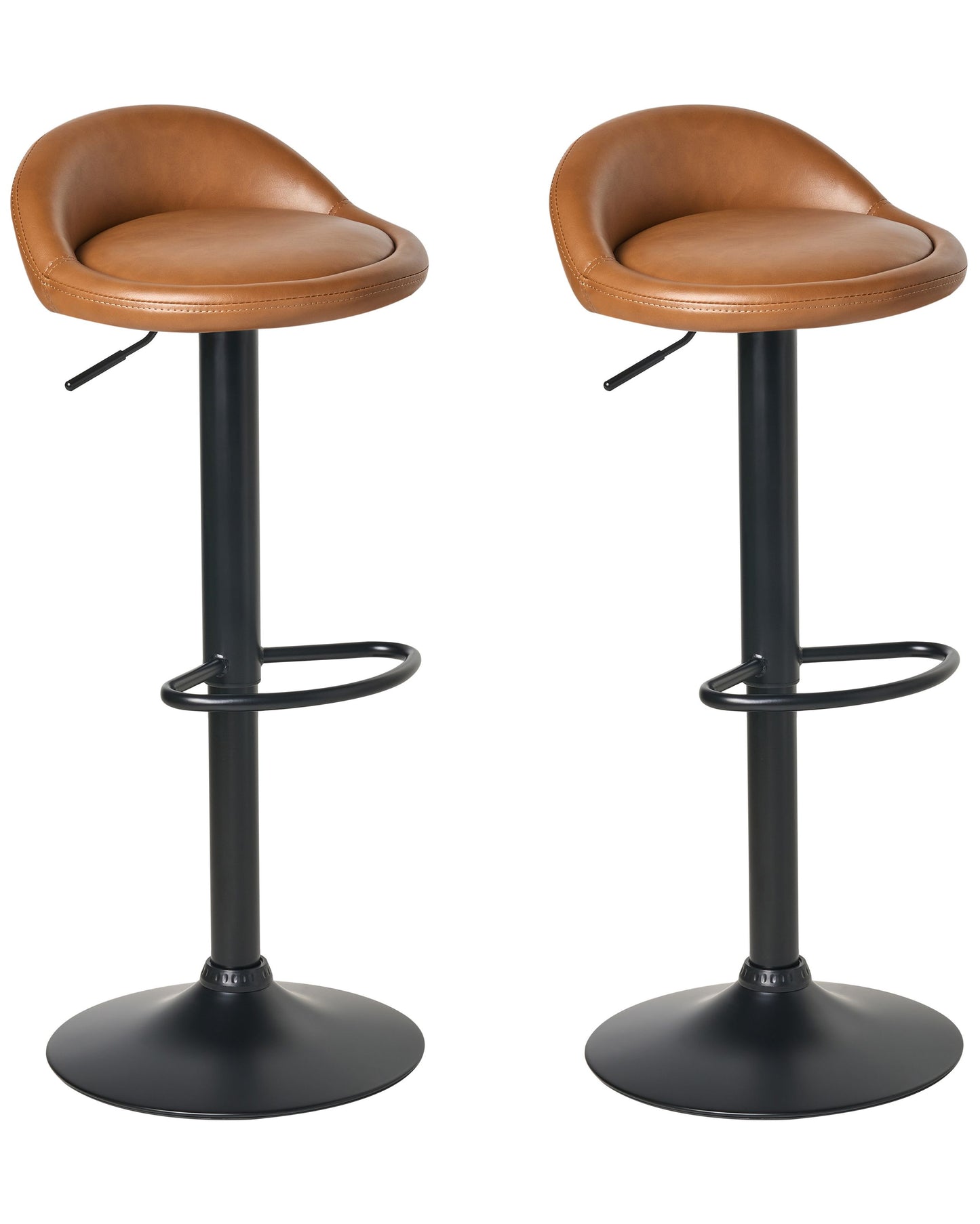 Golden Brown Faux Leather Bar Chairs Set Of 2 Swivel Adjustable Height Modern Black Base