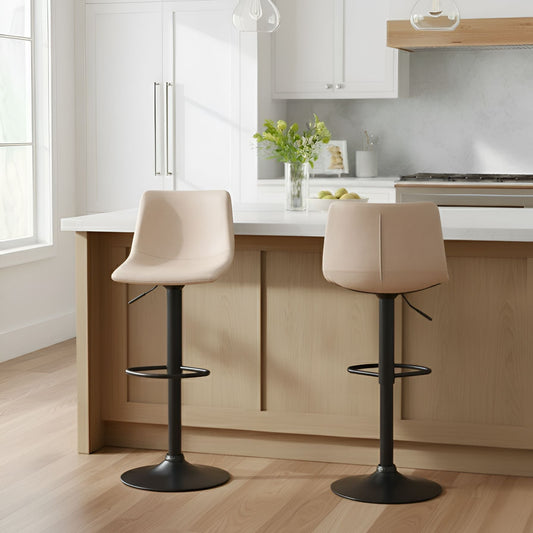 Light Beige Faux Leather Bar Stools Set 2 Swivel Black Base