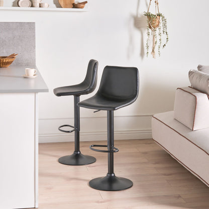 Two Bar Stools Black Faux Leather Swivel Set