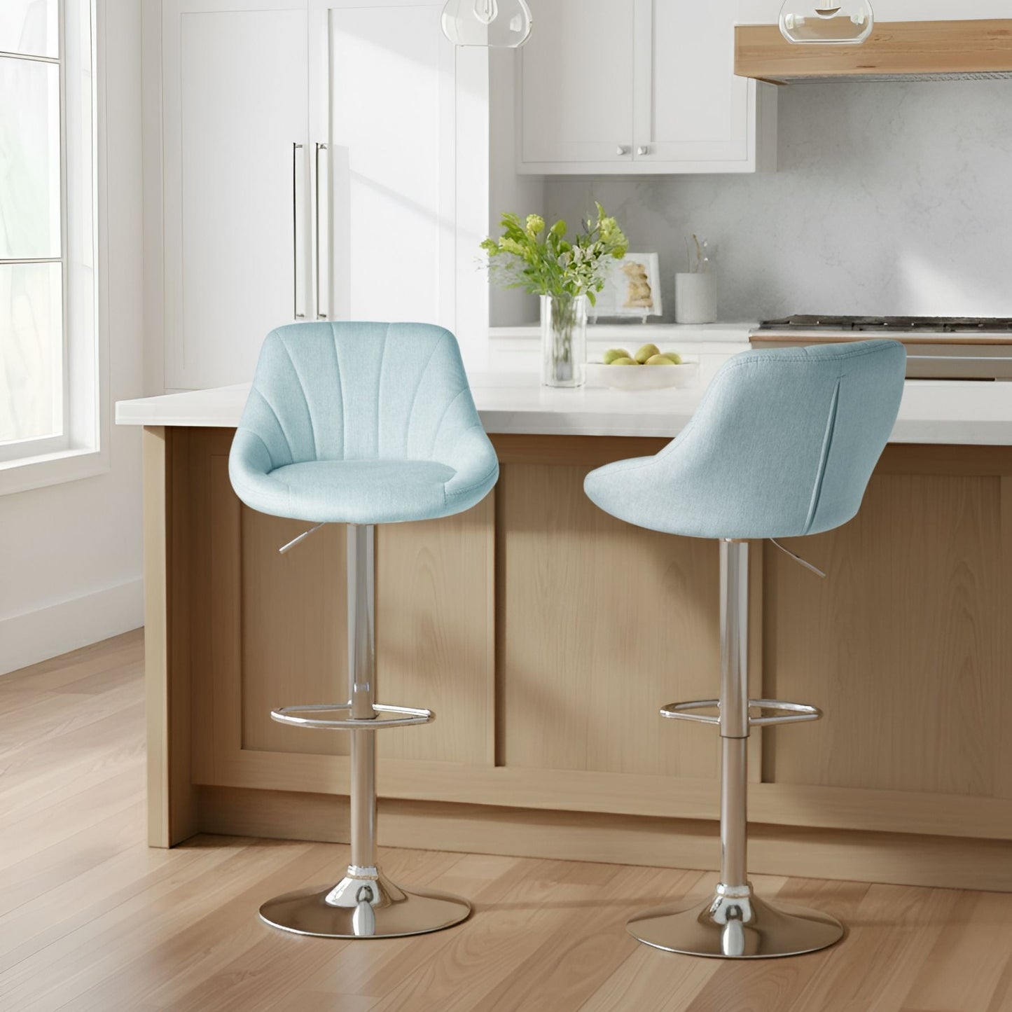 Light Blue Fabric Bar Stool Set Of 2 With Silver Iron Feet