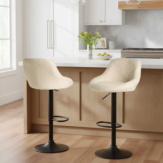 Boucle Bar Stools Set of 2 Light Beige Black Legs Adjustable