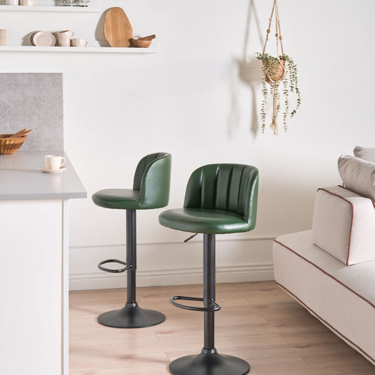 Dark Green Faux Leather Swivel Bar Stools Set Of 2 With Black Footrests Retro Style