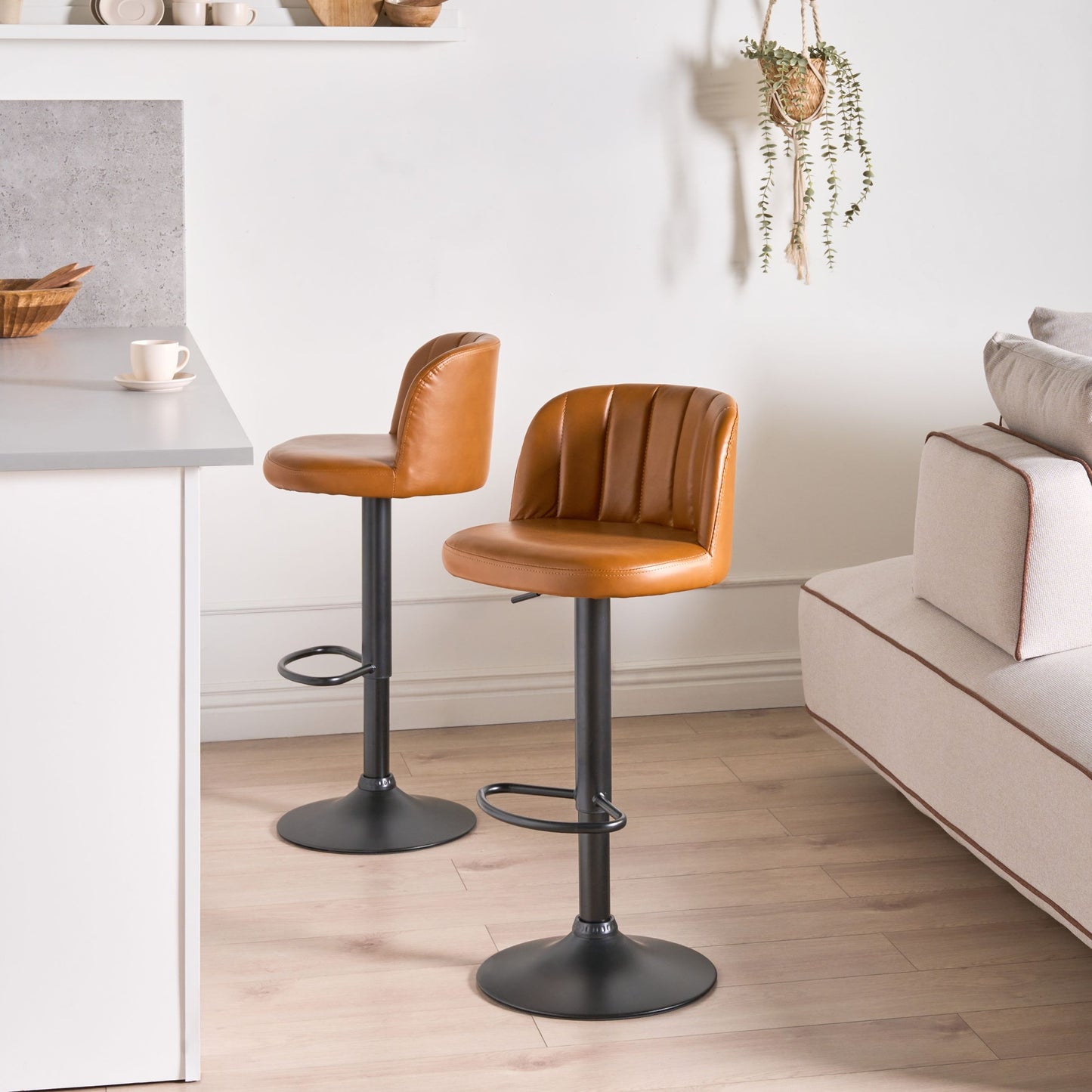 Bar Stool Set Of 2 Golden Brown Faux Leather Swivel Retro