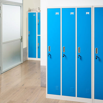 White and Blue Storage Locker Three Door Metal Cabinet with Lockable Doors Six Shelves Hanging Rails