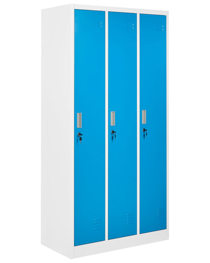 White and Blue Storage Locker Three Door Metal Cabinet with Lockable Doors Six Shelves Hanging Rails