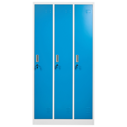 White and Blue Storage Locker Three Door Metal Cabinet with Lockable Doors Six Shelves Hanging Rails