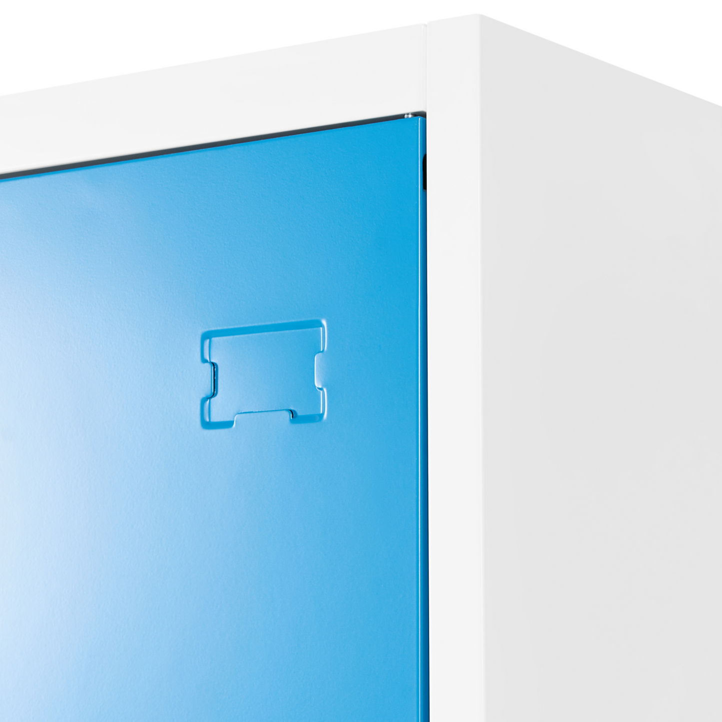 White and Blue Storage Locker Three Door Metal Cabinet with Lockable Doors Six Shelves Hanging Rails