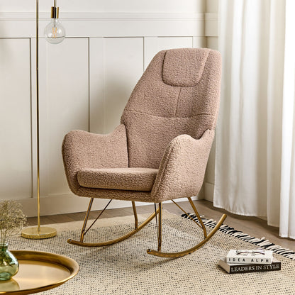 Glamora Rocking Chair Beige Boucle With Gold Metal Legs And Armrests