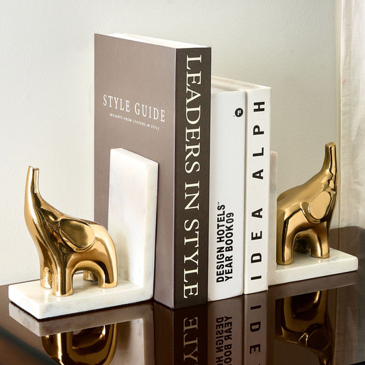 White Marble And Gold Aluminum Elephant Bookends Set Of 2 Handmade Modern Glamour