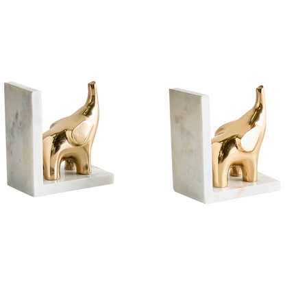 White Marble And Gold Aluminum Elephant Bookends Set Of 2 Handmade Modern Glamour