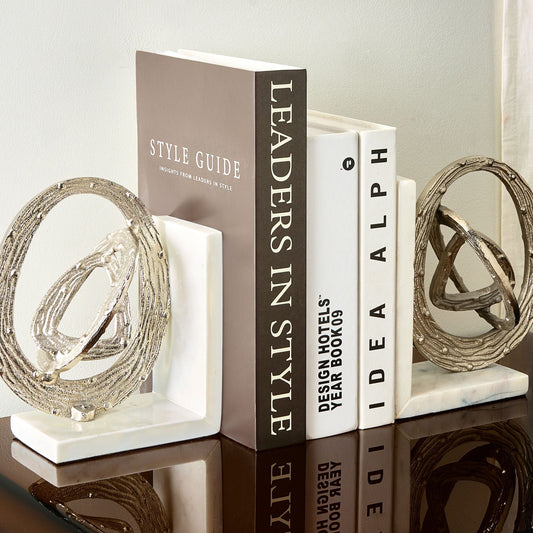 Set Of 2 White Marble Silver Aluminum Bookends