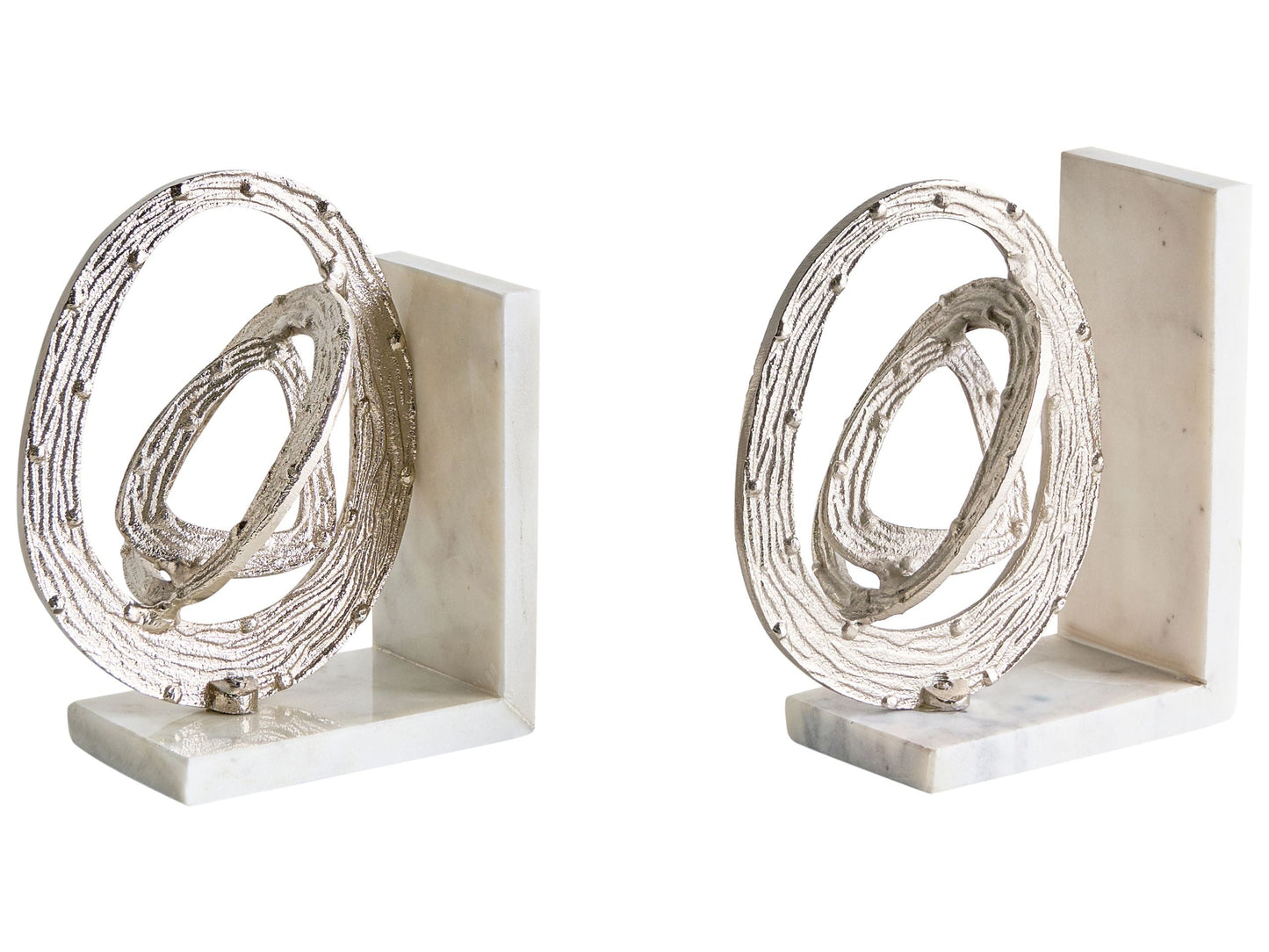 Set Of 2 White Marble Silver Aluminum Bookends