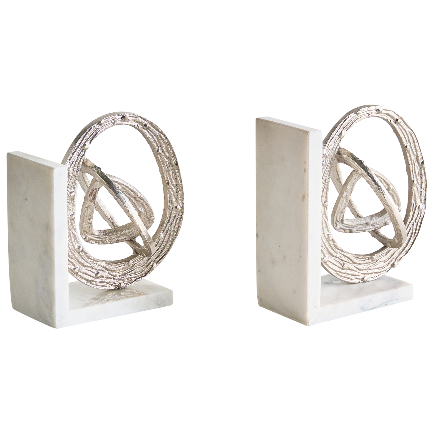 Set Of 2 White Marble Silver Aluminum Bookends