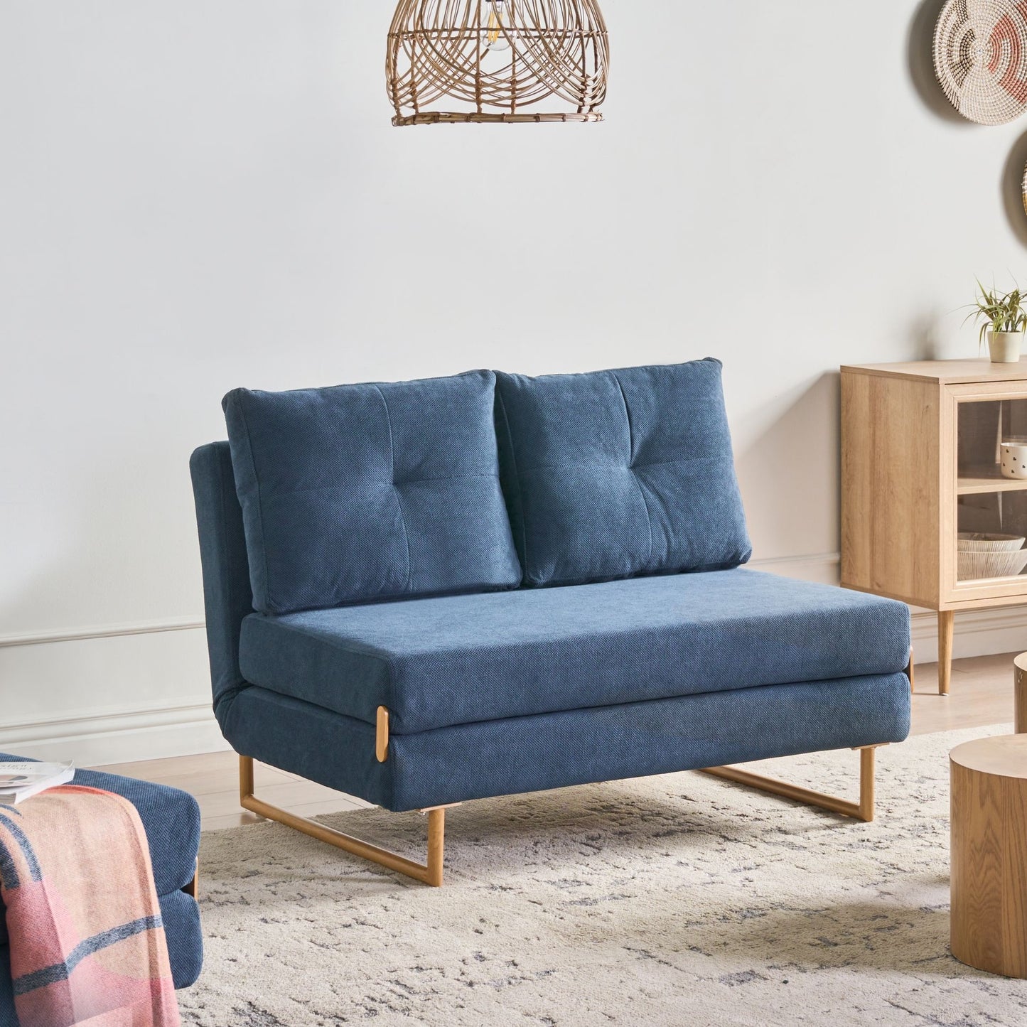 2 Seater Sofa Bed Blue Fabric Fold Out Sleeping Function