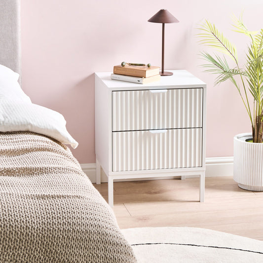 BrightNest 2 Drawer White Fluted Front Nightstand Modern Bedroom
