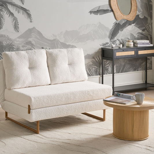 Two Seat Sofa Bed Off White Boucle With 5 Position Reclining Backrest Fold Out Sleeping Function