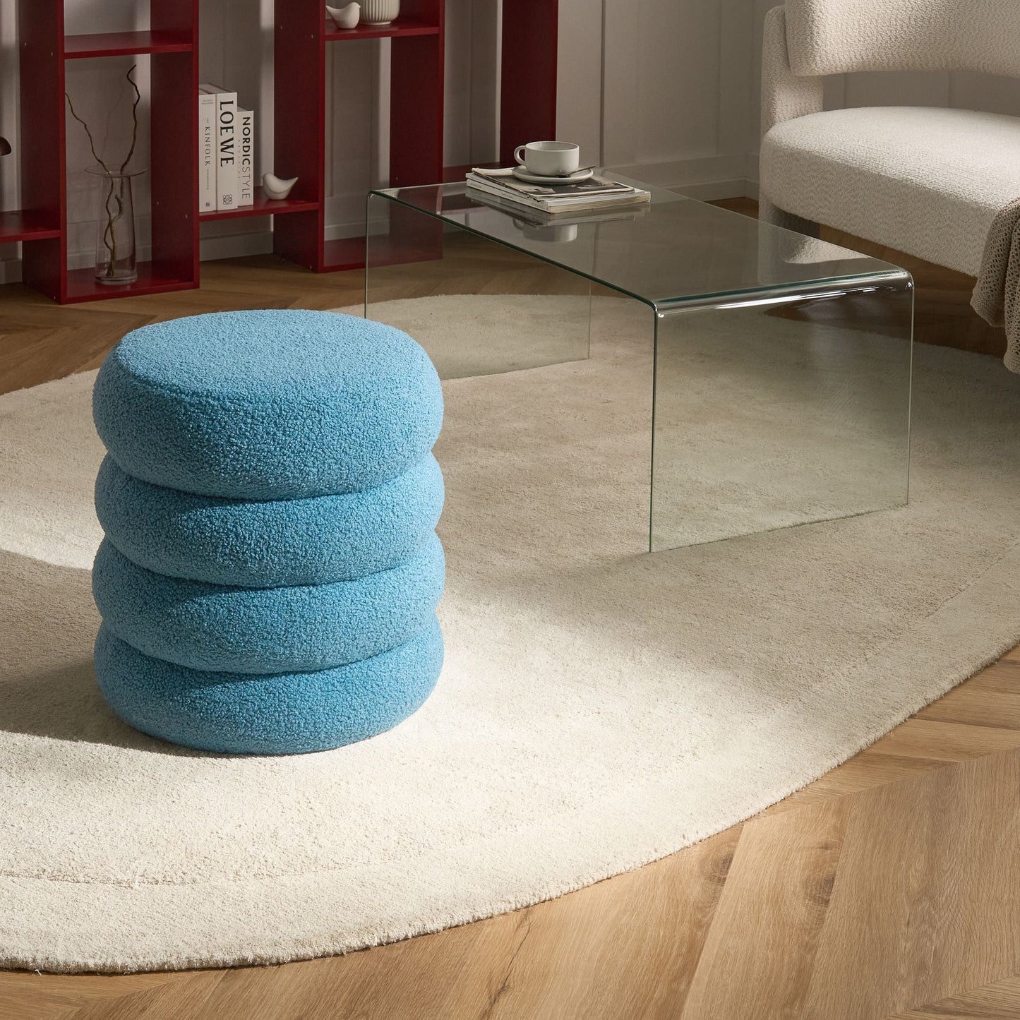 Footstool Blue Boucle Round Pouffe Upholstery