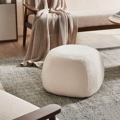 Footstool Off White Boucle Round Pouffe Upholstery