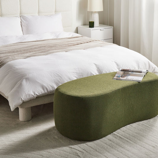 Green Boucle Pouffe Upholstered Bed Bench Stool With Elegant Curved Design