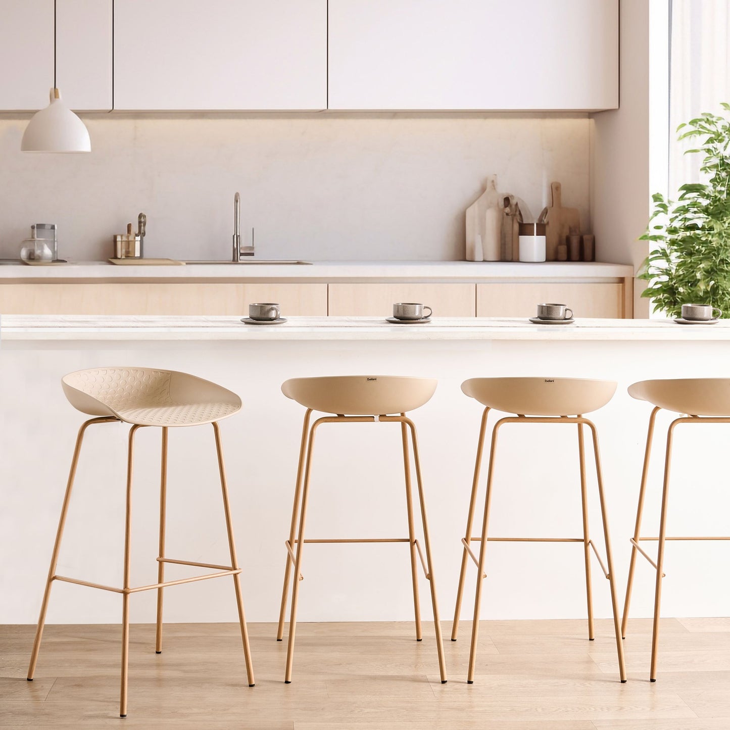 Set of 4 Beige Bar Chairs Synthetic Seat Iron Wood Frames