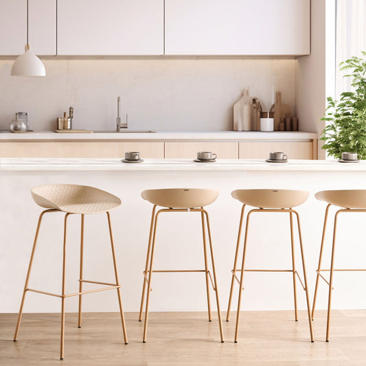 Set of 4 Beige Bar Chairs Synthetic Seat Iron Wood Frames
