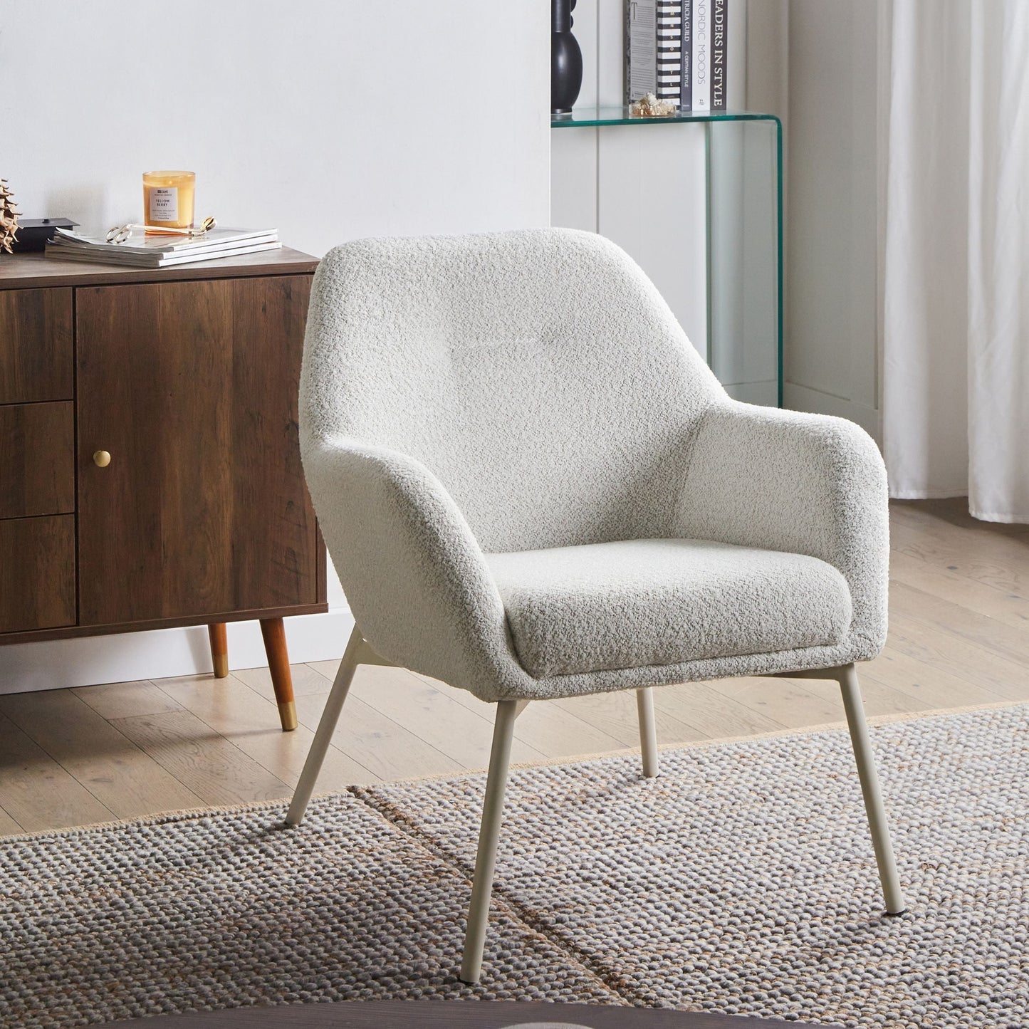 Armchair Off White Fabric With Metal Legs Living Room