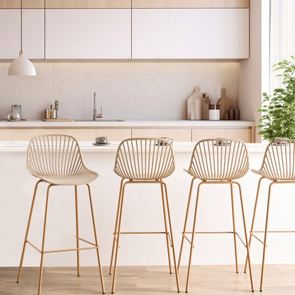 Set Of 4 Beige Bar Chairs With Synthetic Seat And Iron Wood Look Legs For Dining Room