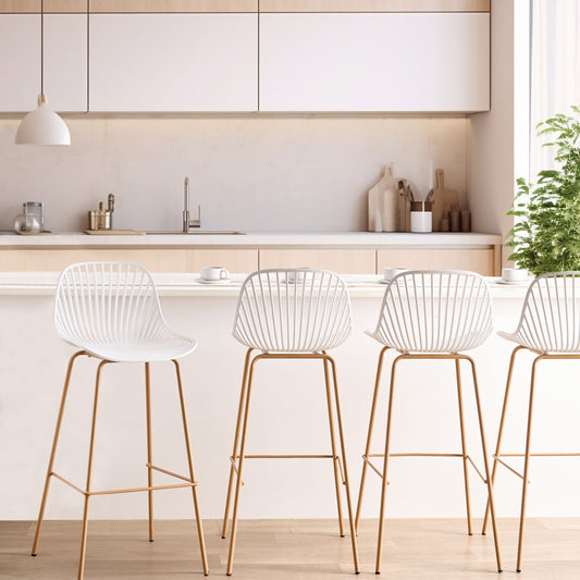 Home White Bar Chairs Set Of 4 Modern Lightweight Synthetic Seat With Wood Look Iron Legs Dining Room