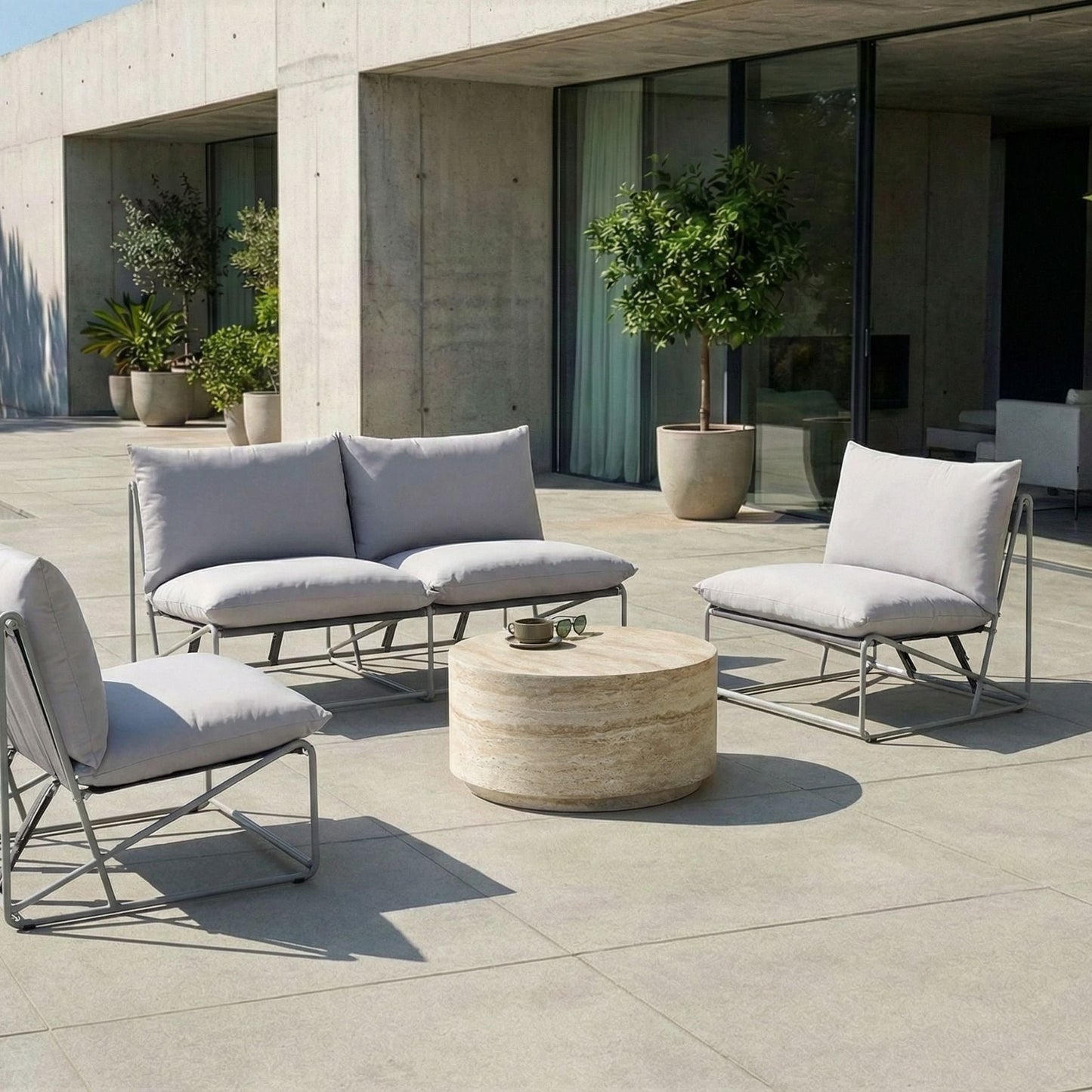 Living Low Oversized Sofa And 2 Chairs Set Grey Metal Backrests