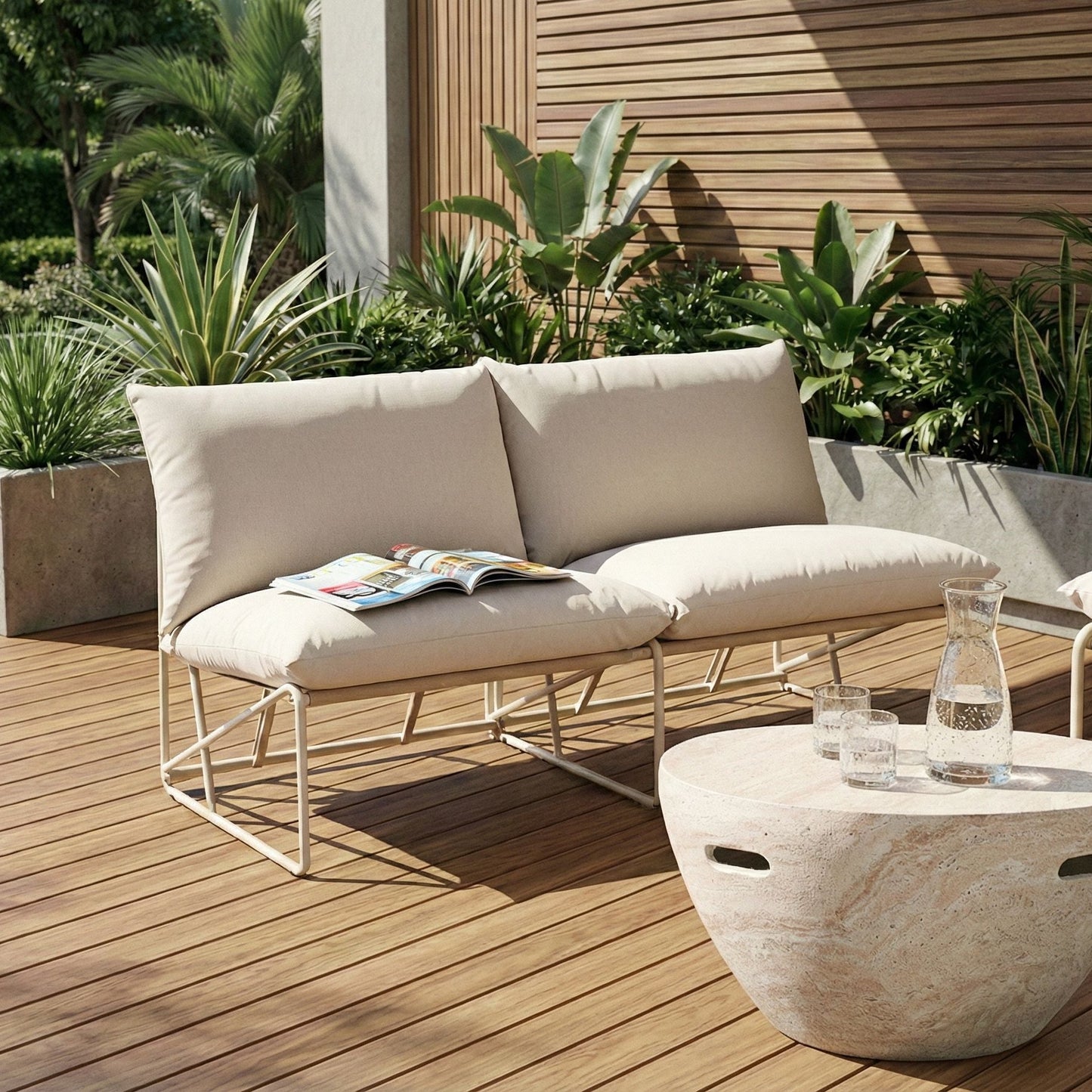 Low Oversized Sofa Beige Metal Backrest Indoor Outdoor