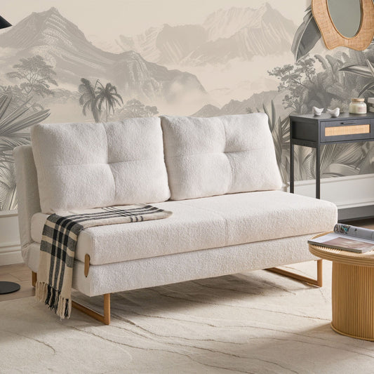 3 Seater Sofa Bed Off White Boucle With 5 Position Reclining Backrest And Fold Out Sleeper