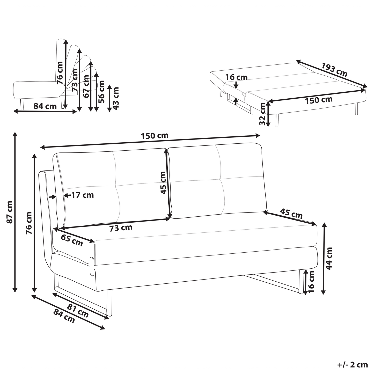 3 Seater Sofa Bed Off White Boucle With 5 Position Reclining Backrest And Fold Out Sleeper