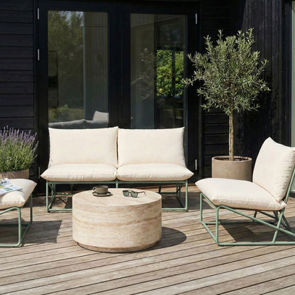 Green Low Profile Sofa and Chairs With Metal Backrests