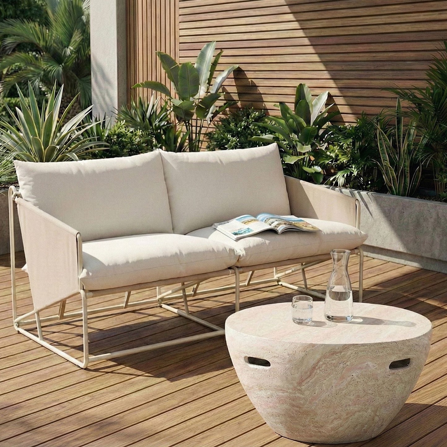 Living Oversized Two Seater Sofa Light Beige With Metal Backrest