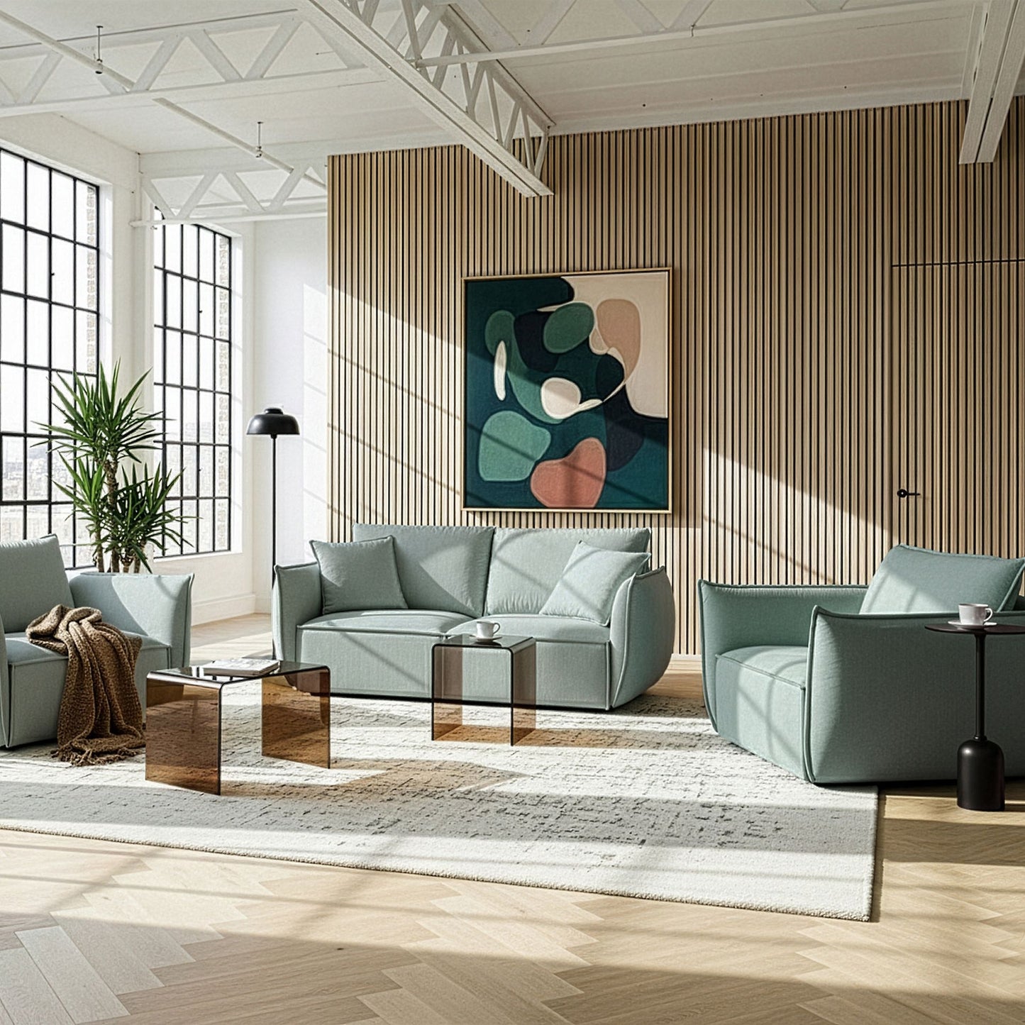Living Set Light Green Upholstery Low Profile Sofa Chairs