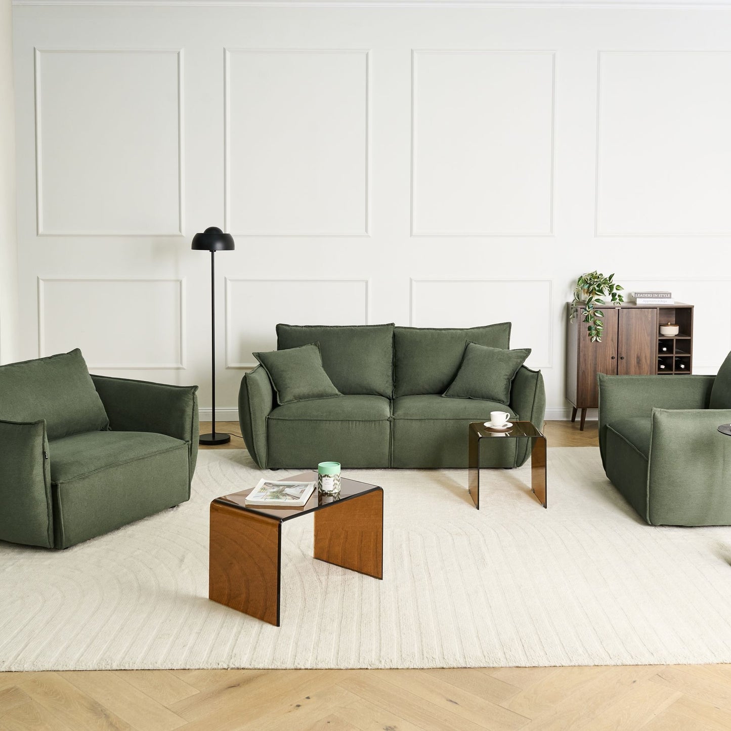 Cosy Living Room Set Green Upholstery Low Profile Deep Wide Seat