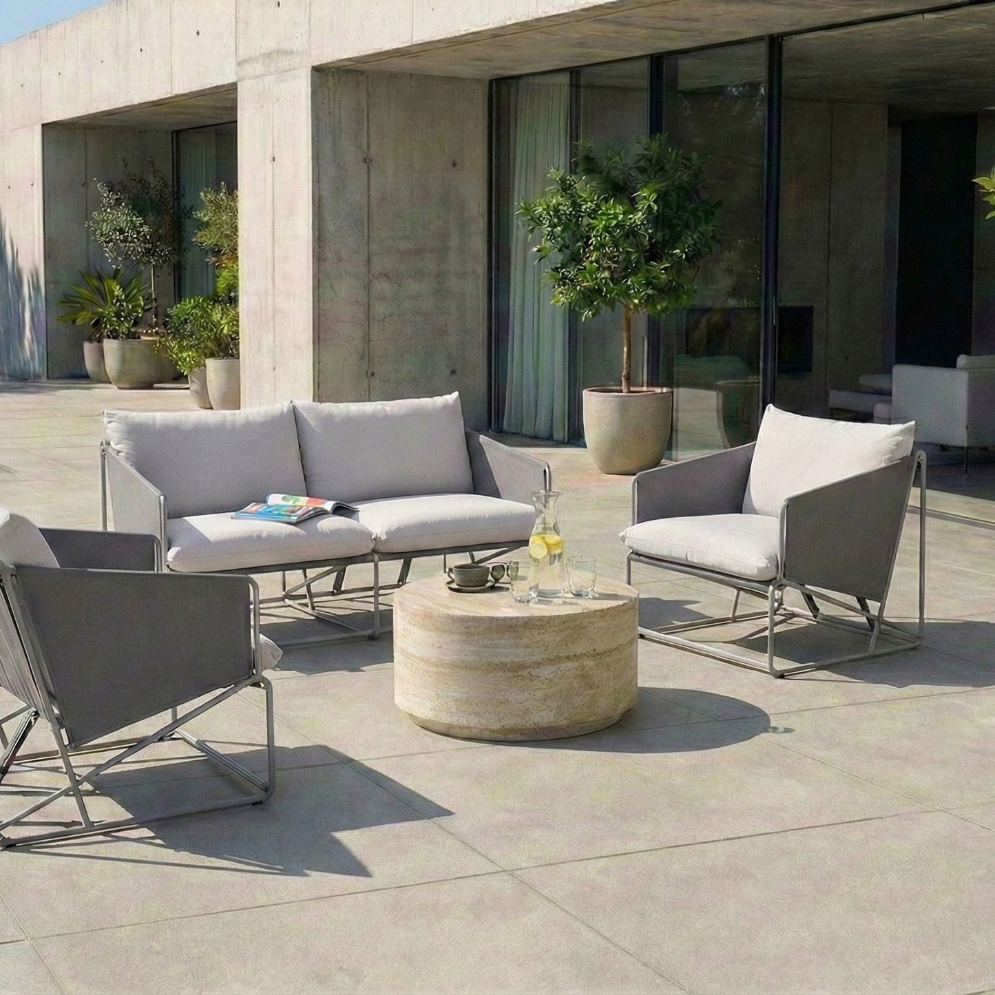 Low Oversized Sofa And Chairs Set Grey Metal Backrest