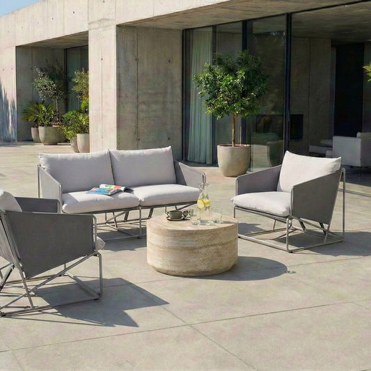 Low Oversized Sofa And Chairs Set Grey Metal Backrest