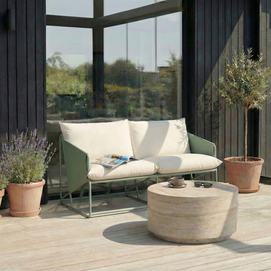 Low Oversized 2-Seater Sofa Green Metal Backrest Waterproof Fabric Cushions Indoor Outdoor