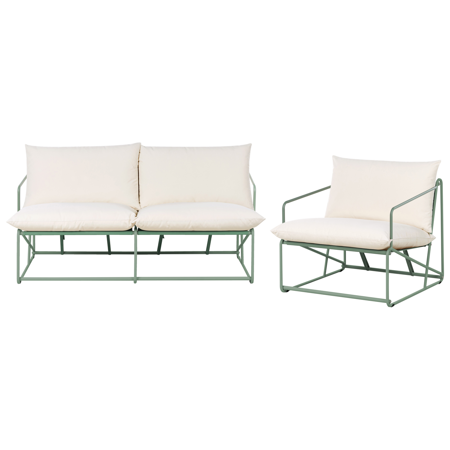 Low Oversized Sofa and Armchair Set Green Slipper Cushions