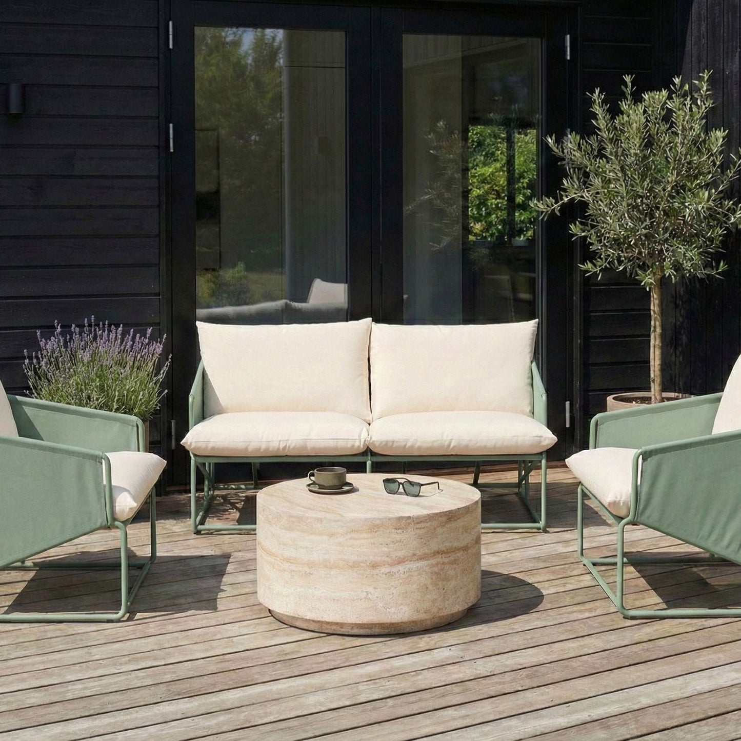 Green Low-Profile Sofa Set With 2 Chairs Metal Backrests