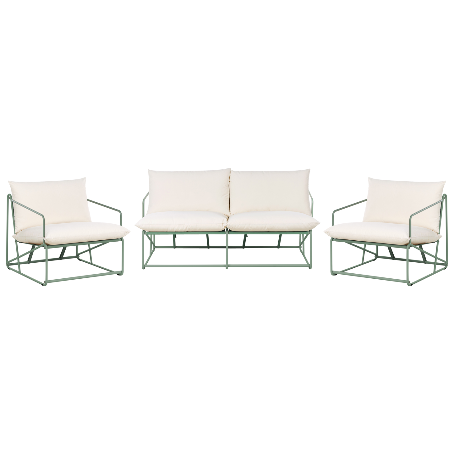 Green Low-Profile Sofa Set With 2 Chairs Metal Backrests
