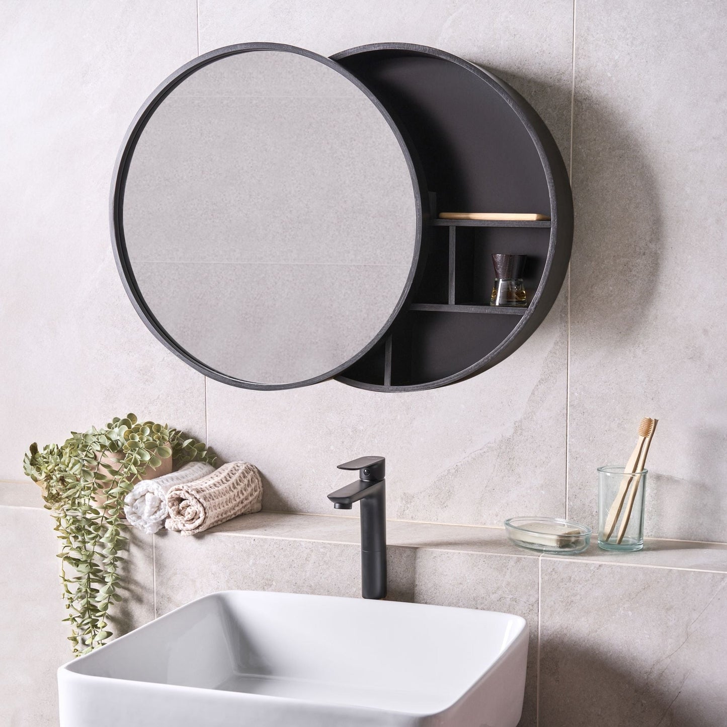 Bathroom Wall Hanging Mirror Cabinet Black Bamboo Wood 50 x 50cm Sliding Door