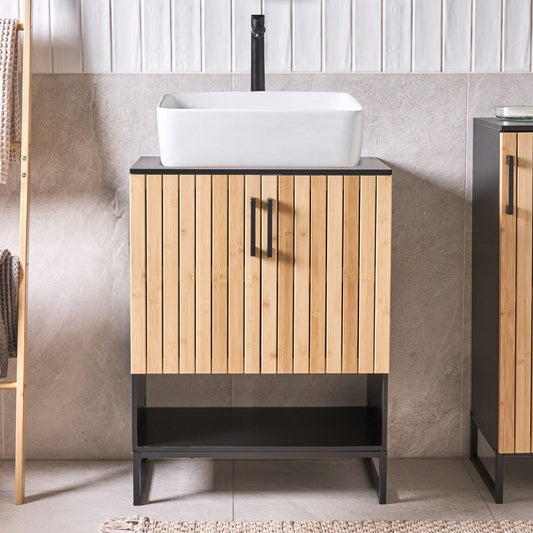 Bathroom Cabinet Light Brown Bamboo With Black Steel Frame