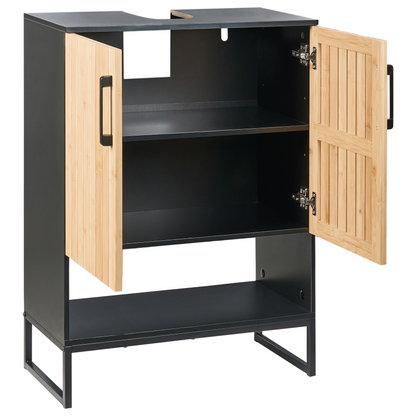 Bathroom Cabinet Light Brown Bamboo With Black Steel Frame